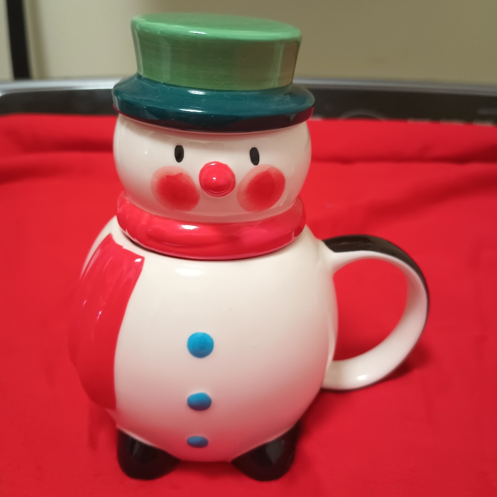 Pier 1 Tea Infuser Steeper Cup Holiday Snowman Christmas Coffee Mug Ceramic Vntg